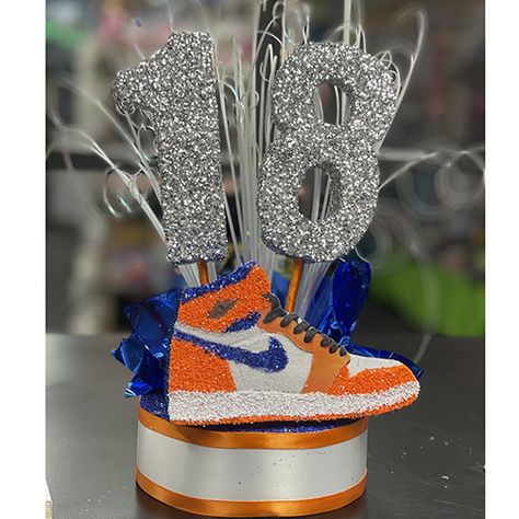 Nike Sneaker Centerpiece - The Brat Shack Party Store Sneaker Ball Party Centerpieces, Sneaker Party Decorations, Sneaker Centerpiece Ideas, Sneaker Ball Centerpiece Ideas, Box Centerpiece Ideas, Sneaker Ball Decorations, Nike Birthday, Sneaker Gala, Balloon Decor Ideas