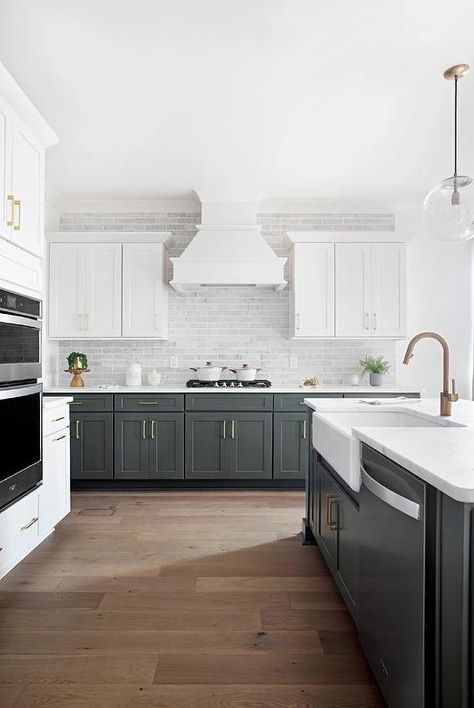 Gray Subway Backsplash, Grey Subway Tile Kitchen, White Range Hood, Gray Subway Tile Backsplash, Subway Backsplash, White Range, Above Kitchen Cabinets, Above Cabinets, Black Kitchen Island