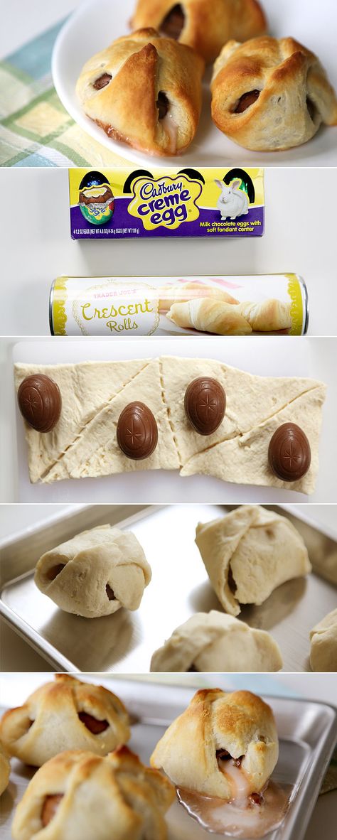 This baked good variation on your favorite Easter treat is unlike anything you've ever tasted before. Cadbury Egg Crescent Rolls, Easter Breads Sweet, Creme Egg Recipe, Appetizers Crescent Rolls, Easter Brunch Appetizers, Cadbury Egg Recipes, Cadbury Creme Egg Recipes, Cadbury Recipes, Stuffed Croissants