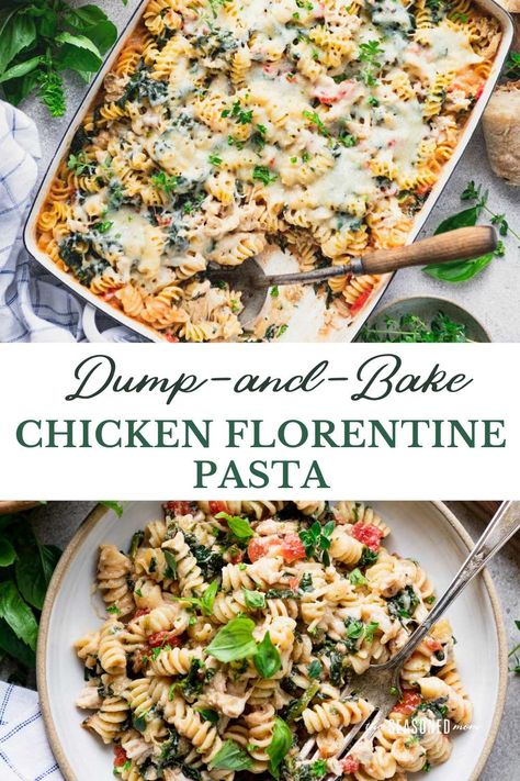 A 10-minute crowd-pleaser, this dump-and-bake chicken Florentine pasta casserole is an easy, cheesy, comfort food dinner for your busiest weeknights — and you don’t even have to boil the noodles! With a jar of Alfredo sauce, frozen spinach, canned tomatoes, and a rotisserie chicken, it’s one of the quickest meals you’ll ever prep. Meals With Frozen Spinach, Dump And Bake Chicken Alfredo Casserole, 12 Tomatoes Creamy Chicken Florentine Artichoke Casserole, Make Ahead Chicken Alfredo Casserole, Chicken Florentine Farfalle Recipe, Knorr Chicken Alfredo Florentine, Chicken Florentine Pasta, Jarred Alfredo Sauce, Pasta Seasoning