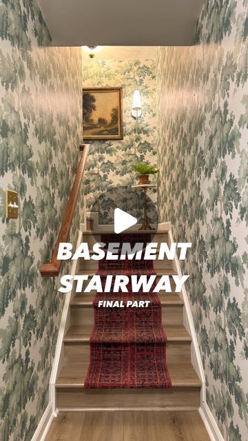 CASS SMITH | Home & DIY on Instagram: "✨BASEMENT STAIRWAY REVEAL✨

Can’t believe this is the same space. It’s like it was always meant to be like this ❤️

Flooring : @califloors Golden Hour Oak
Wallpaper : Raphael - Green by @sandbergwallpaper" Stairway Renovation, Stairway Wallpaper, Oak Wallpaper, Staircase Wallpaper, Basement Stairway, Basement Stairwell, Basement Staircase, Basement Stairs Ideas, Basement Stairs