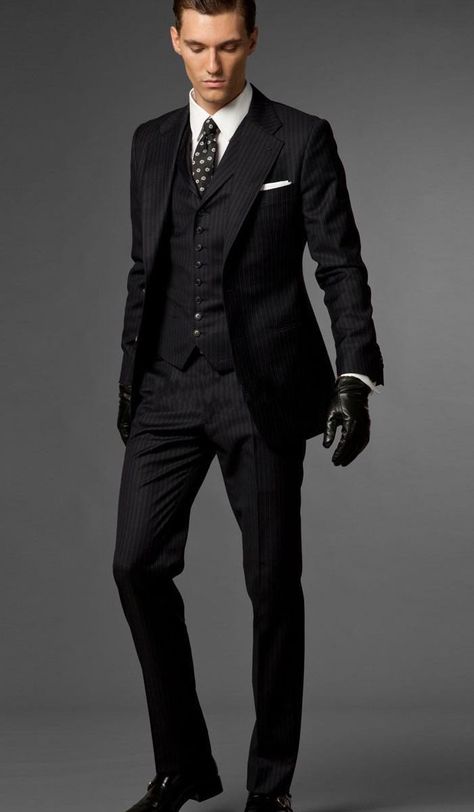 I love the gloves with the black on black pin stripe suit. Very modern. Casual Summer Wedding Attire, Men Work Outfits, Tuxedo Wedding Suit, Summer Wedding Attire, Groomsmen Tuxedos, Tie Vest, A Man In A Suit, Man In A Suit, Groom Tuxedo