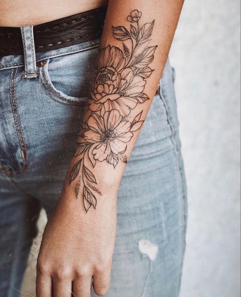 Simple Flower Half Sleeve Tattoo, Women’s Flower Arm Tattoo, Floral Tattoo Outer Forearm, Partial Sleeve Tattoo Women Forearm, Simple Half Sleeve Tattoos For Women Lower Arm, Flower Lower Arm Tattoo, Outer Forearm Tattoos Women Flower, Flower Arm Tattoos For Women Forearm, Women's Half Sleeve Tattoo