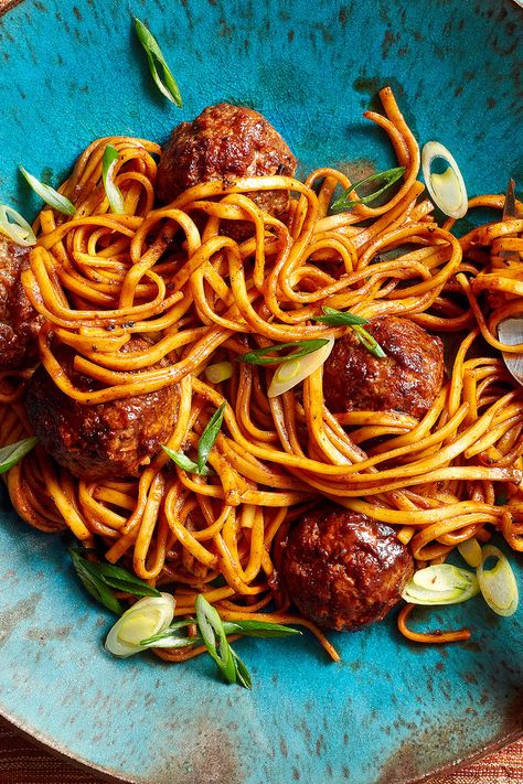 NYT Cooking: This kalbi meatball recipe, adapted from the cookbook “Koreatown,” is easy and quick enough to consider for midweek dinner. It offers the sweetly peppered, slightly funky flavors typical of many Korean dishes, and gives new personality to everyday spaghetti and meatballs. My favorite utensil for making ground meat mixtures, by the way, is an old-fashioned potato masher. The book suggests wrapping the meatballs in lettuce, but I tossed them with noodles in a sauce that exploited ... Meatballs And Noodles Recipe, Korean Meatballs, New Personality, Meatball Recipe, Korean Dishes, Nyt Cooking, Spaghetti And Meatballs, Ground Meat, Alfredo Sauce