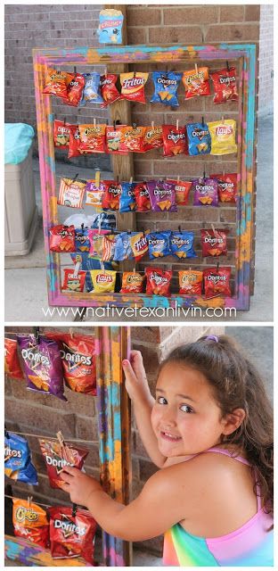 Chip Bag Display For Party, Diy Chip Bag Display Stand, Chip Display, Shopkins Bday, Shopkins Birthday Party, Shopkins Party, Shopkins Birthday, Fundraiser Ideas, Concession Stand