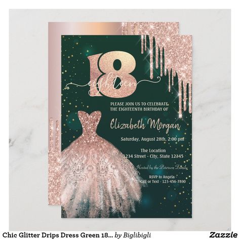 Chic Glitter Drips Dress Green 18th Birthday Invitation 18th Birthday Invitation Green, Blue 18th Birthday, Dress 18th Birthday, 18th Ideas, 18th Birthday Invitation, 98th Birthday, 18th Birthday Party Themes, Debut Invitation, Green Invitations