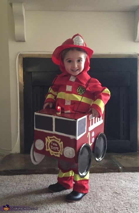 Taylor: Layden is wearing his fireman costume & handmade firetruck. He loves fire trucks and that's what he wanted to be for Halloween. Homemade Costumes For Kids, Fireman Costume, Fireman Party, Firefighter Costume, Homemade Costume, Diy Kostüm, Homemade Costumes, Halloween Costume Contest, Toddler Halloween Costumes