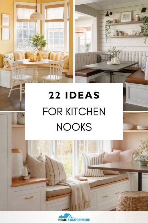 A compilation of kitchen nooks, each featuring built-in seating and various decor styles, offering creative ideas for a cozy dining area. Creative Kitchen Nook Ideas, Breakfast Nook Update, Eat In Kitchen Turned Sitting Room, Modern Transitional Breakfast Nook, Awkward Kitchen Corner Ideas Space, Breakfast Nook Bench With Shelves, Keeping Area Off Kitchen, Cabinets In Breakfast Nook, Small Kitchens With Banquettes