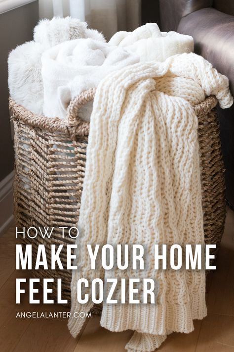 Small Boho Room Ideas, Baskets With Pillows And Throws, Cool Throw Blankets, How To Decorate With Throw Blankets, Winter Living Room Decor Cozy Comfy, How To Use Throws In Living Room, Couch Throw Blanket Styling, Basket With Blankets Living Rooms, Store Throw Blankets