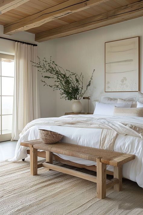 I adore minimalist bedroom decor for its ability to create a serene and uncluttered space that promotes relaxation and tranquility. The clean lines, neutral color palette, and simple yet functional furniture contribute to a sense of calm and order. Minimalist decor also encourages a more mindful approach to living, as it prompts me to carefully consider each item in the room and prioritize only what is essential. Modern Natural Bedroom, Neutral Farmhouse Bedroom, Natural Room Decor, Tranquil Bedroom Ideas, Farmhouse Minimalist Decor, Top Bedroom Ideas, Mediterranean Style Bedroom, Minimalist Bedroom Decor Ideas, Relaxing Bedroom Ideas