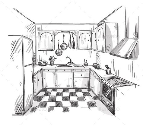 Kitchen Interior Drawing Kitchen Interior Drawing, Interior Drawing, Perspective Sketch, Interior Dapur, Kitchen Drawing, Perspective Drawing Architecture, Drawing Interior, One Point Perspective, Interior Design Sketches