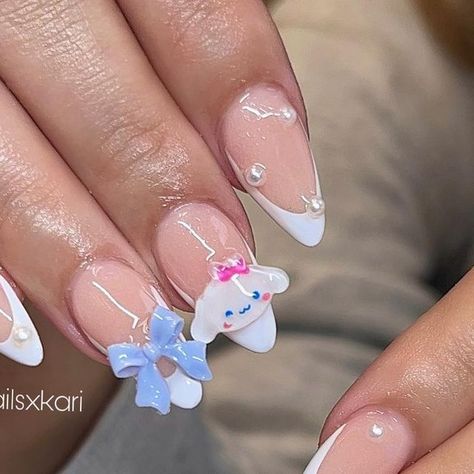 Sanrio Nails Cinnamoroll, Cinnamon Roll Sanrio Nails, Cinnamon Roll Nails, Cinnamoroll Nail Art, Cinnamoroll Nails, Cinnamon Nails, Cinderella Nails, Jade Nails, Nail Techniques