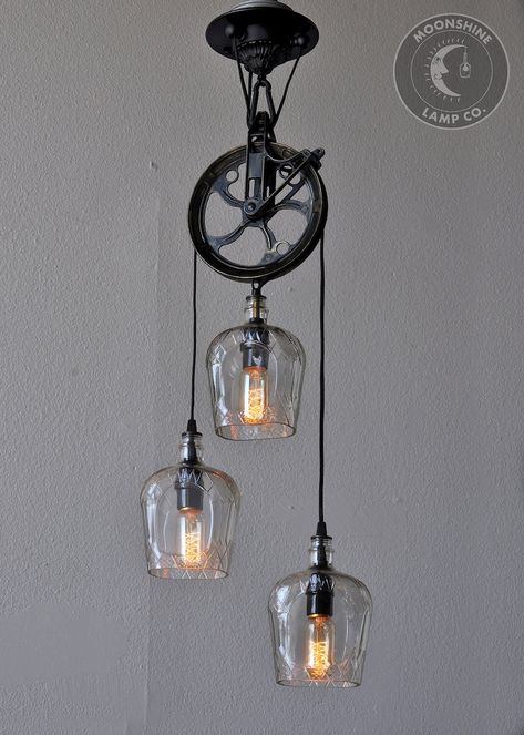 Rustic Pulley Light Fixtures, Pulley Chandelier, Rustic House Ideas, Rustic Industrial Light Fixtures, Pulley Light Fixture, Rustic Chandelier Farmhouse, Pulley Pendant Light, Industrial Farmhouse Lighting, Rustic Chandelier Lighting