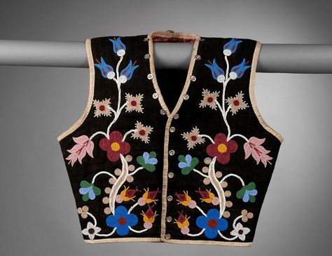 Vest Plains Cree or Plains Ojibwa Beadwork - c. 1900 - Probably Saskatchewan, Canada Ideas For Embroidery, Native American Dress, Powwow Regalia, Jingle Dress, Beaded Moccasins, Native American Regalia, Button Vest, Native American Clothing, Saskatchewan Canada