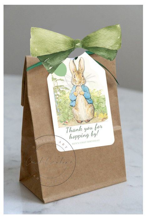 Personalise your favour bags with these printable Peter Rabbit tags. The balloon can be changed to any colour you want, and you can choose to have the label with any wording you want ie 'Zach's First Birthday' (This is on the bottom section of the label) Once you purchase, please include a message detailing your choice of balloon colour and wording. I will edit this and send you a PDF to your email address within 24 hours.  Please note these labels are approx 6cmx9cm when cut from A4 card however if you wish to have them bigger please leave a note at checkout so I can edit to suit.  -This is a digital download, no items will be shipped. Peter Rabbit First Birthday Party, Peter Rabbit Birthday Party, Forest Birthday Party, Peter Rabbit Birthday, Rabbit Birthday, Peter Rabbit Party, Favour Tags, Forest Birthday, Favour Bags