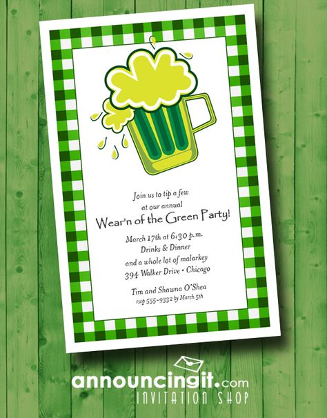 Green Plaid Background, St Pattys Party, Neighborhood Party, Plaid Background, Green Beer, Wine Down, Irish Recipes, St Pattys, Printed Invitations