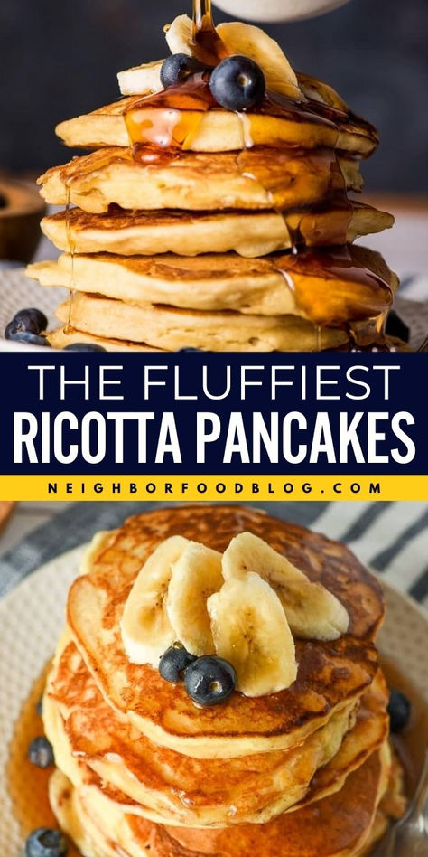 Look forward to the fluffiest ricotta pancakes! This Mother's Day brunch recipe is easy and ready in just 30 minutes. From the golden edges to the puffy centers, these pancakes with ricotta cheese are also a perfect Easter Sunday breakfast! Pancakes With Ricotta Cheese, Ricotta Recipes Breakfast, Breakfast With Ricotta Cheese, Ricotta Breakfast Recipes, Breakfast Ideas At Home, Easy Ricotta Pancakes, Breakfast Ricotta, Ricotta Cheese Pancakes, Easter Sunday Breakfast