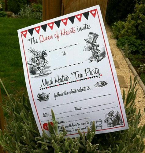 www.partyideasuk.co.uk   Mad Hatter Tea Party Invites :-) Rainbows Craft, Mad Hatter Tea Party Invitations, Wonderland Party Theme, Alice In Wonderland Invitations, Wonderland Invitation, Girly Birthday Party, Girly Birthday, Alice Tea Party, Mad Hatter Party