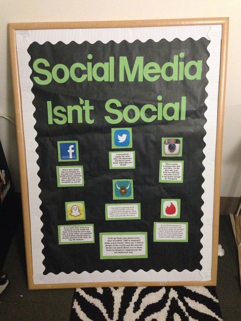 Social Wellness Bulletin Board for Wellness Learning Community: Social Media Isn't Social Social Media Bulletin Board, Wellness Bulletin Boards, Health And Wellness Bulletin Boards, Instagram Bulletin Board, Negative Social Media, Social Wellness, Ra Ideas, Bulletin Board Ideas, Family Engagement