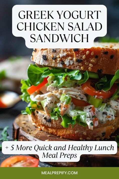 A hearty sandwich with Greek yogurt chicken salad, lettuce, and tomato on whole-grain bread for lunch meal preps for work. Healthy Recipes For Lunch, Chicken Salad Healthy, Lunch Meal Prep Ideas, Meal Prep For Work, Greek Yogurt Chicken Salad, Yogurt Chicken Salad, Greek Yogurt Chicken, Sweet Potato Bowls, Yogurt Chicken