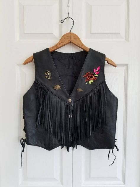 Fringed Vest Outfit, Leather Vest Outfit, Leather Fringe Vest, Patches And Pins, Studded Denim Jacket, Fringe Vest, Hippie Costume, Tampa Fl, Vest Outfits