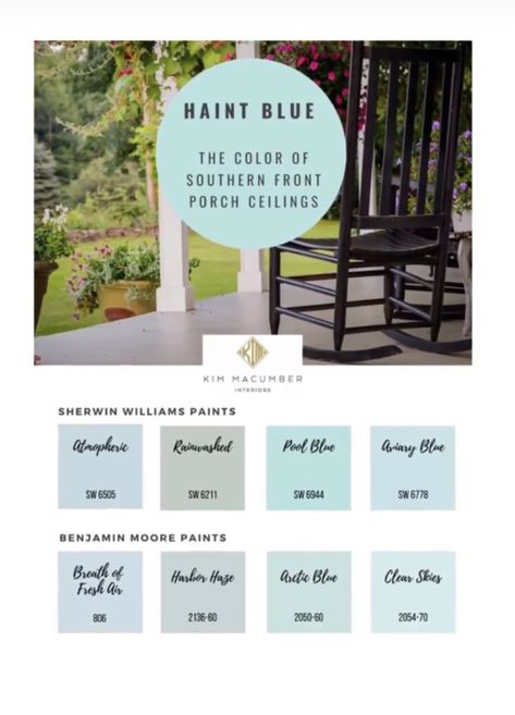 Haint Blue Benjamin Moore, Southern Blue Porch Ceiling, Blue Front Porch Ceiling, Haunt Blue Paint, Haint Blue Porch Ceiling Southern Style, Porch Ceiling Blue Paint Colors, Best Haint Blue Porch Ceiling, Front Porch Ceiling Ideas Paint Colors, Painted Porch Ceiling Ideas