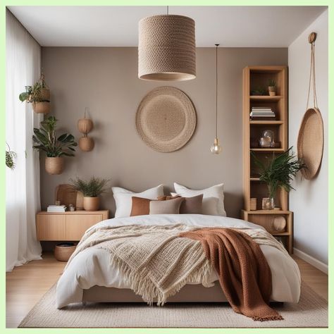 Bedroom Inspirations Modern Boho, Bed Side Decoration Ideas, Master Bedrooms Decor Small Space, Chilled Bedroom Ideas, Master Bed Curtains, Shelves On Either Side Of Bed, Different Side Tables Bedroom, Boho Artsy Bedroom, Bedroom Ideas Wooden Floor