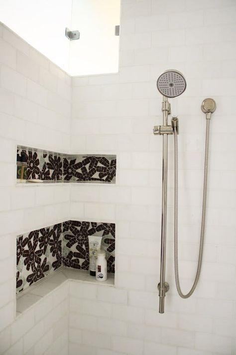 THIS is how shower nooks should be. Corner Niche, Recessed Shelving, Recessed Shelf, Bathroom Downstairs, Bathroom Niche, Recessed Shelves, Mac 10, Shower Niche, Austin Homes