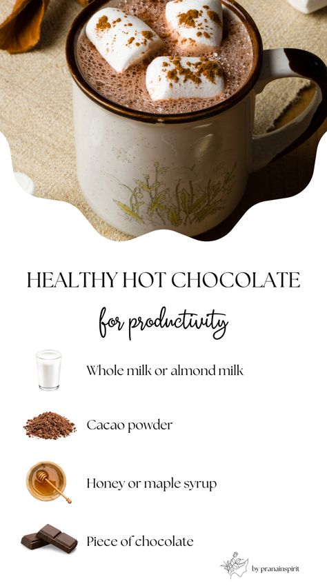 Try this delicious, simple, healthy hot chocolate recipe to boost productivity and energy.

#hotchocolate #autumnrecipes #autumndrinks #pumpkinspice #cozydrinks #healthydrinks #prodictivityboost #warmdrinks #cacao Easy Healthy Hot Chocolate, Christmas Cocoa Recipe, Carnivore Hot Chocolate, High Protein Hot Chocolate, Carob Hot Chocolate, Healthier Hot Chocolate, Hot Chocolate Recipes Healthy, Healthy Hot Chocolate Mix Recipe, European Hot Chocolate