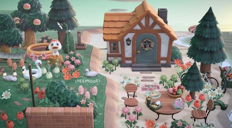 Animal Crossing Home Exterior Ideas, Cabin Ideas Exterior, Island Home Exterior, House Yard Design, Yard Design Ideas, Happy Home Paradise, Ideas Animal Crossing, Animal Crossing New Horizon, Japanese Town