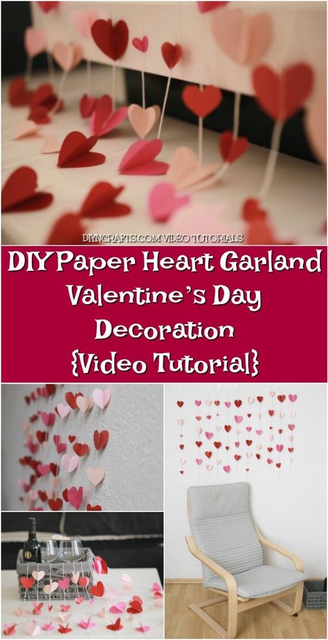 DIY Paper Heart Garland - Valentine’s Day Decoration {Video Tutorial} - Searching for the perfect way to transform any room for Valentine’s Day? In this video tutorial, you can learn how to make romantic wall décor using construction paper and thread. It’s an easy craft made out of simple supplies, but the results are gorgeous! Watch now. Decoration Video, Paper Heart Garland, Paper Wall Decor, Paper Craft Videos, Heart Garland, Diy And Crafts Sewing, Diy Origami, Paper Garland, Paper Heart