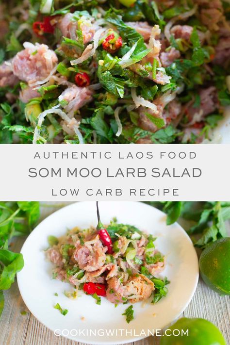 Authentic Laos Larb Som Moo - Sour Fermented Pork Salad Recipe Lao Sausage Recipe, Authentic Thai Peanut Sauce Recipe, Thai Sweet Chili Sauce Recipe, Best Pork Belly Recipe, Pork Salad Recipes, Easy Asian Noodle Recipes, Larb Recipe, Asian Pork Recipes, Easy Asian Noodles