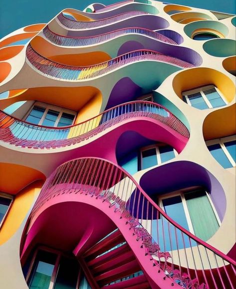 Bright Architecture, Colorful Buildings, Fantasy Design, Unusual Homes, Colourful Buildings, Lazy Oaf, Unique Architecture, Apartment Furniture, Arte Inspo