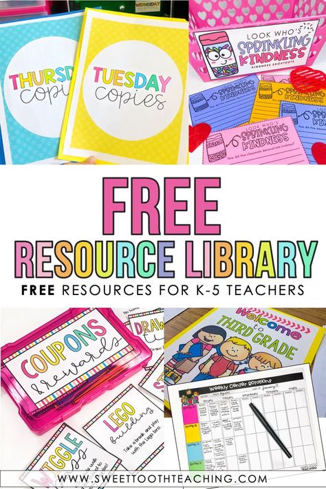 Text reads: Free Resource Library Free Resources for K-5 Teachers with four images surrounding text Student Teacher Resources, 2nd Grade Freebies, Teacher Monthly Organization, Free Resources For Teachers, Teacher Labels Printables Free, How To Become A Teacher, Kindergarten Teaching Ideas, Resource Room Ideas, Classroom Jobs Free