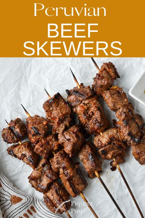 Beef Skewers Marinade, Peruvian Beef, Unique Ingredients, Meat Skewers, Beef Skewers, Beef Sirloin, Marinated Steak, Peruvian Recipes, Steak Bites