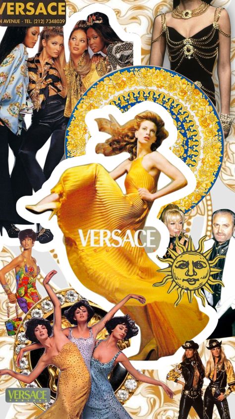 Versace (featuring chanel) #versace #editorialcollage Versace Astethic, Donatella Versace Aesthetic, 90s Mood Board, Versace Aesthetic Wallpaper, Versace Runway 90s, Versace Lookbook, Vintage Versace Aesthetic, Versace Moodboard, Versace Poster