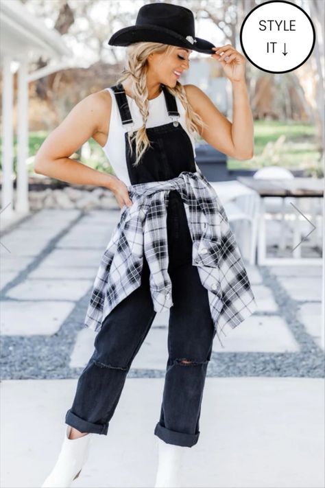 Keep Looking Up Black Overalls curated on LTK Overalls With Dr Martens, Cowboy Overalls Outfit, Black Overalls Fall Outfit, Cowgirl Overalls Outfits, Overalls With Boots Outfits, Women’s Overall Outfits, Styling Black Overalls, Overalls And Cowboy Boots Outfit, Western Overalls Outfit