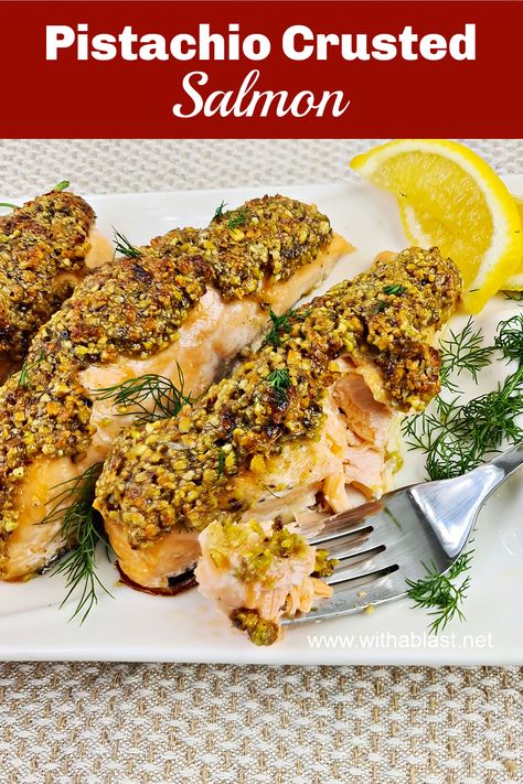 Almond Crusted Salmon, Pistachio Encrusted Salmon Recipe, Crusted Salmon Recipes, Salmon Fillet Recipes, Pistachio Crusted Salmon, Lemon Fish, Bbq Salmon, Sauce For Salmon, Recipes Bbq