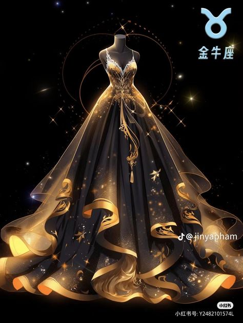 Zodiac Dresses Drawing, Black And Gold Fantasy Dress, Magical Dress, Pretty Quinceanera Dresses, Dress Design Drawing, Clothing Design Sketches, Fantasy Dresses, Theme Dress, Fashion Drawing Dresses