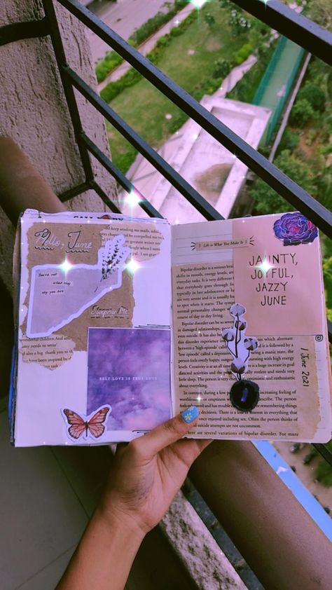 This is a journal page on the month June. I don't use stickers I bring out my own prints and papers and stick them with glue. Also I made that wax stamp at home will share video soon. Drawing Book Cover Decoration Ideas, Lavender Journal Ideas, Asthetic Journalling, Journal Ideas Scrapbook, Lavender Journal, Journal Design Ideas, Journal Cover Ideas, Flower Reference, Bullet Journal Quotes