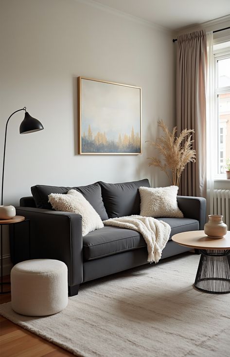 Dark Grey Couch Living Room Dark Grey Sofa Living Room Pillows, Dark Couch Light Living Room, Dark Couch Light Rug, Carpet For Dark Grey Couch, Grey Sofa Beige Walls, Curtains Living Room With Grey Sofa, Small Living Room Dark Couch, Dark Grey House Interior, Charcoal And Cream Living Room