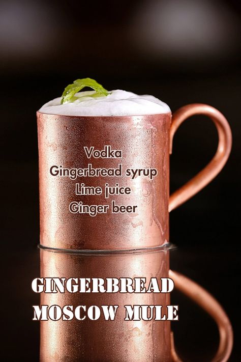 Gingerbread Moscow Mule, a holiday twist on the classic with ginger spice and refreshing lime. Ginger Mule, White Russian Recipes, Gingerbread Syrup, Moscow Mule Recipe, Spiced Drinks, Mule Recipe, Cocktail List, Ginger Spice, Unique Cocktails