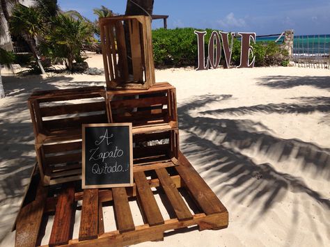 Upcycled pallets and supermarket boxes, useful for your beach wedding shoe station. Let them know they're free to touch our white sandy beaches. Upcycled Pallets, Shoe Station, Beach Wedding Shoes, To Touch, Sandy Beaches, Beach Wedding, Wedding Decor, Wedding Shoe, Wedding Decorations