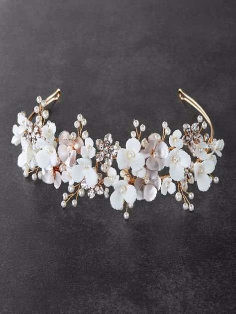 Gold Bridal Crowns, Bridal Hair Bands, Rose Gold Tiara, Beaded Hair Pins, Pearl Tiara, Beautiful Hair Accessories, Matte Blush, Flower Crown Wedding, Floral Headband