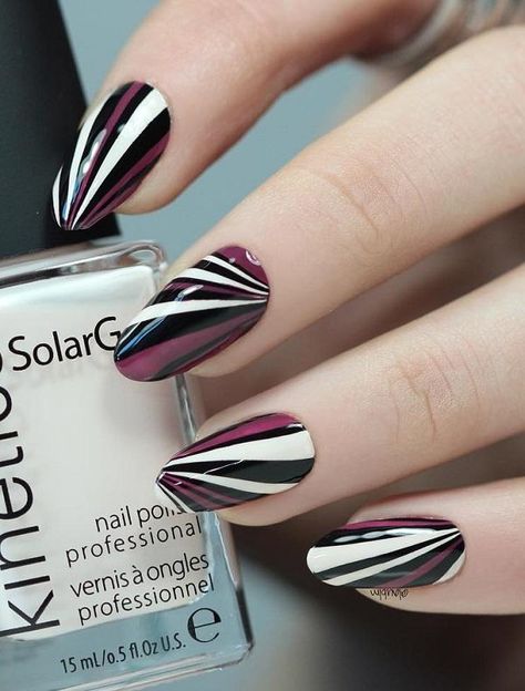 creates Black And White Nail Art, Tape Nail Art, Water Marble Nails, Nail Art Stripes, Nail Tape, Stripped Nails, Studded Nails, White Nail Art, White Nail Polish