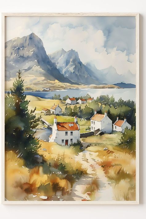 Watercolor painting of the Isle of Islay, showcasing vibrant colors and scenic landscapes Scotland Poster, Isle Of Islay, Irish Landscape, Landscape Wall Decor, Galway Ireland, Watercolor Canvas, Gifts For Art Lovers, Watercolor Wall Art, Landscape Wall