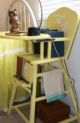 Vintage Highchair re purposed Night Stand, painted and stenciled, holds a lamp, books, pen and notebook Vintage Highchair, Refinished Chairs, Upcycle Baby, Antique High Chairs, Library Nook, Pen And Notebook, Wood High Chairs, Refurbished Chairs, Vintage High Chairs