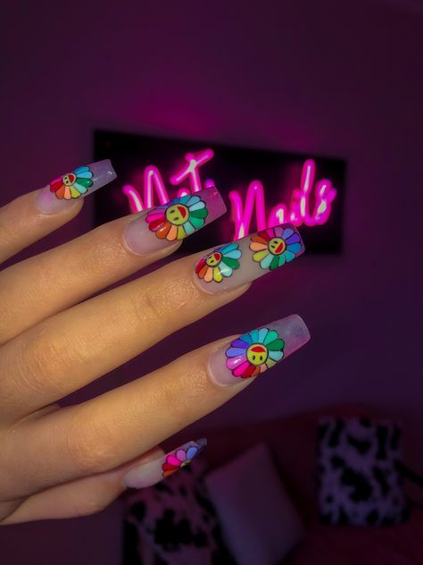 #nails Takashi Murakami Flower Nails, Murakami Flower Nails, Rainbow Flower Nails, Murakami Nails, Takashi Murakami Flower, Murakami Flower, Rainbow Flower, Takashi Murakami, Bday Ideas