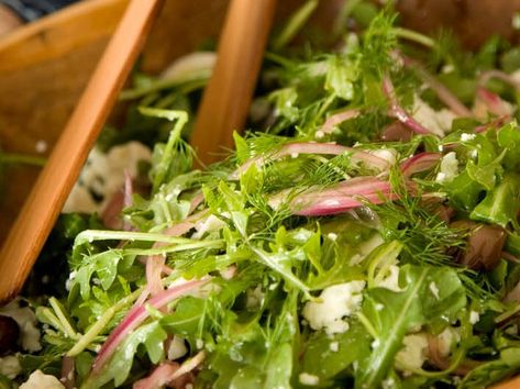 Arugula Salad with Olives, Feta and Dill Recipe  - Michael Symon | Food & Wine Salad With Olives, Mesclun Salad, Dill Recipes, Arugula Salad Recipes, Classic Caesar Salad, Michael Symon, Antipasto Salad, Bitter Greens, Green Salad Recipes