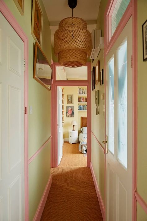 Yellow And Pink Interior, Pastel Colors Living Room, Colorful Hallway, Classical Facade, Miami House, Mint Green Walls, Entryway Style, Two Bedroom Apartment, Victorian Townhouse